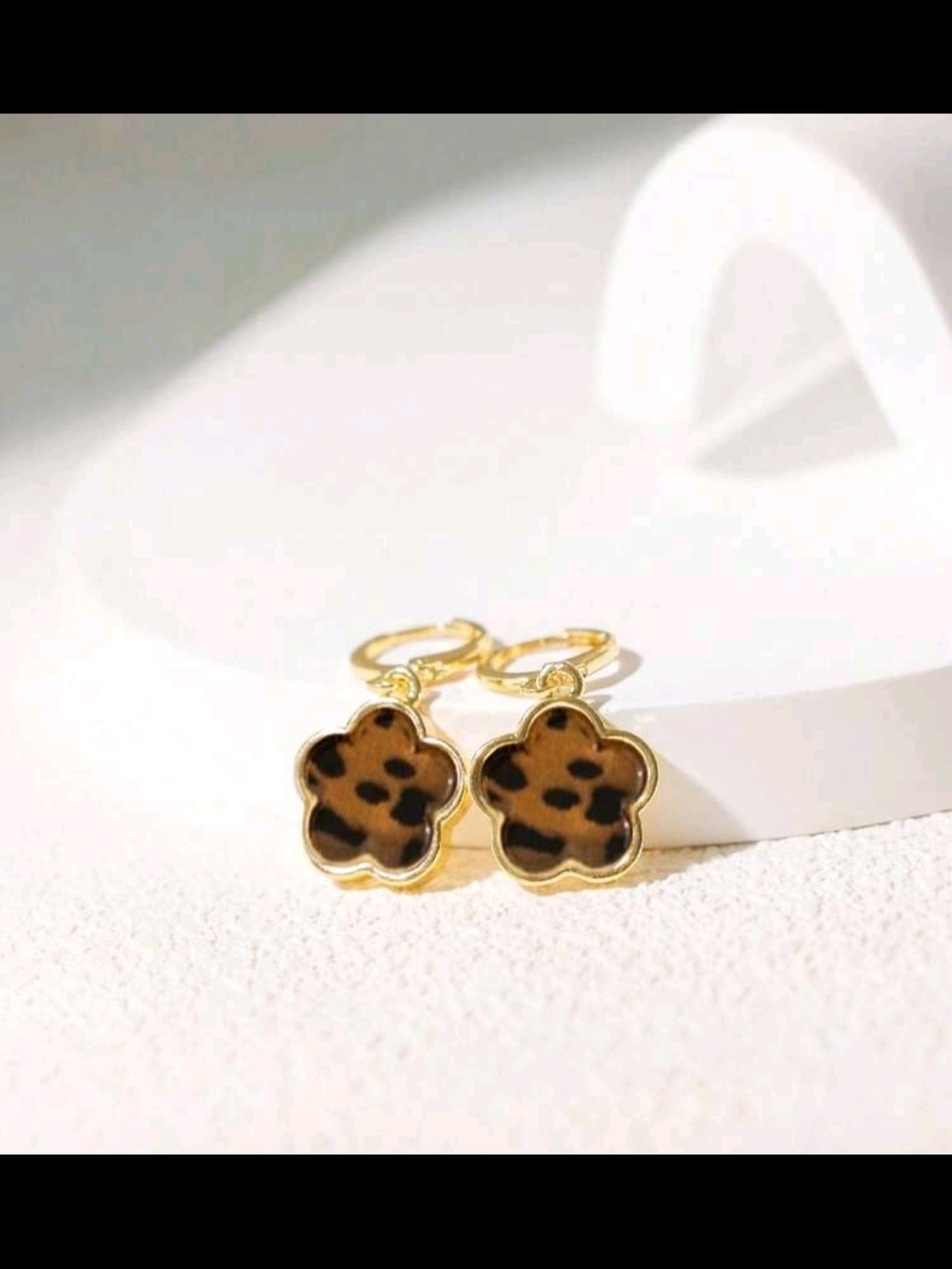 Gold Flower Hoop Earrings with Leopard Print Inset - Picture 3 of 3
